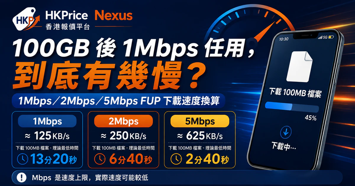 100GB 後 1Mbps 任用及 1Mbps、2Mbps、5Mbps FUP 下載速度換算