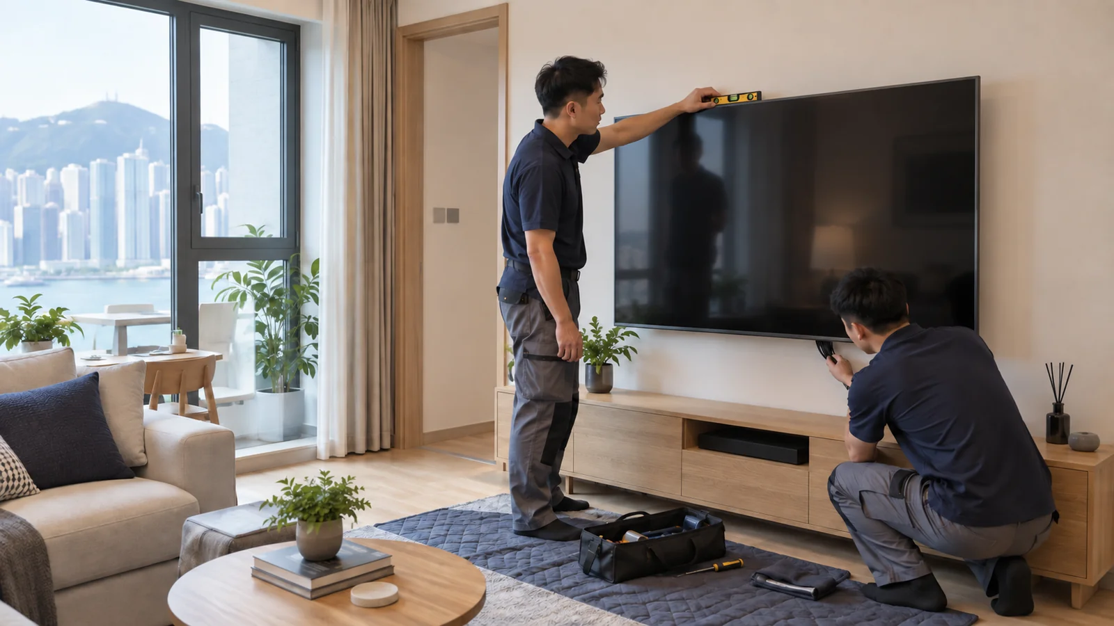 兩位技術人員在香港住宅客廳檢查已掛牆電視的水平及接線位置。